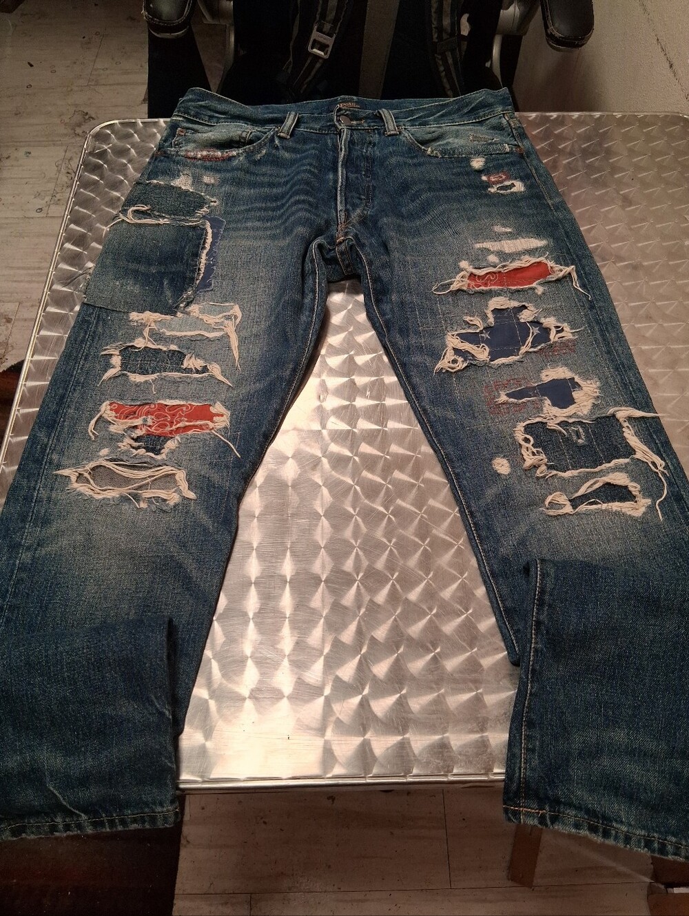 New Polo by Ralph Lauren Blue Distressed Patchwork Jeans
